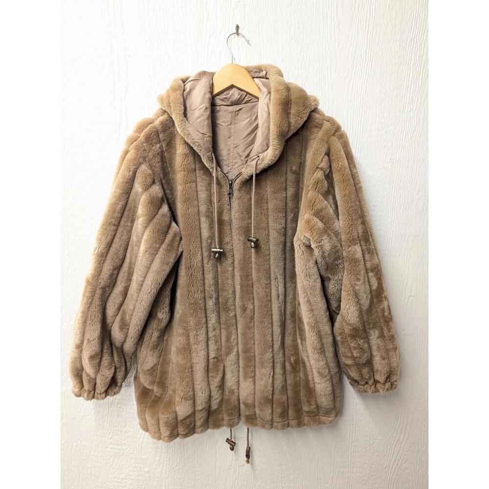 Vintage Komitor Faux Fur Coat Jacket With Hood Pockets Size Medium